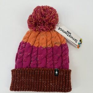 Smartwool Women Isto Retro Beanie Hat Pompom Winter Merino Wool Pink Pecan Brown